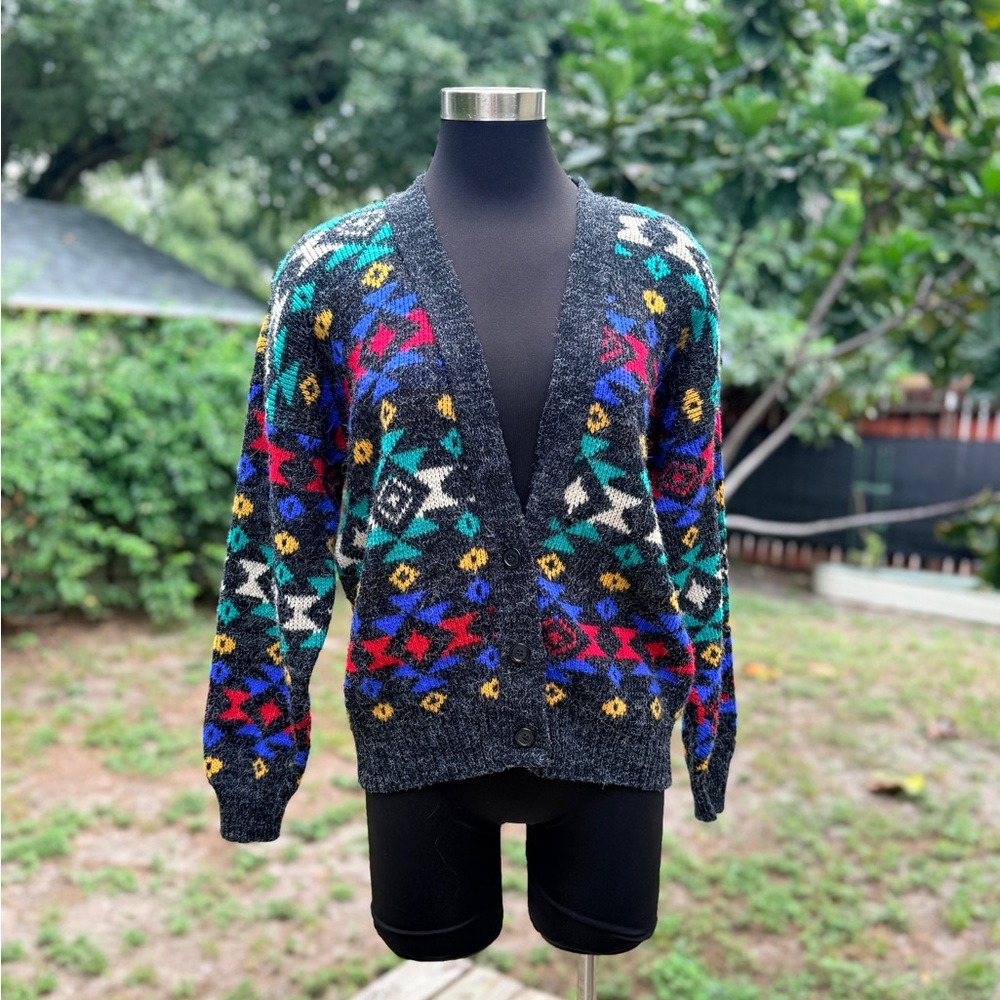Vintage 1980s Adele Knitwear Colorful Acrylic Cardigan Sweater